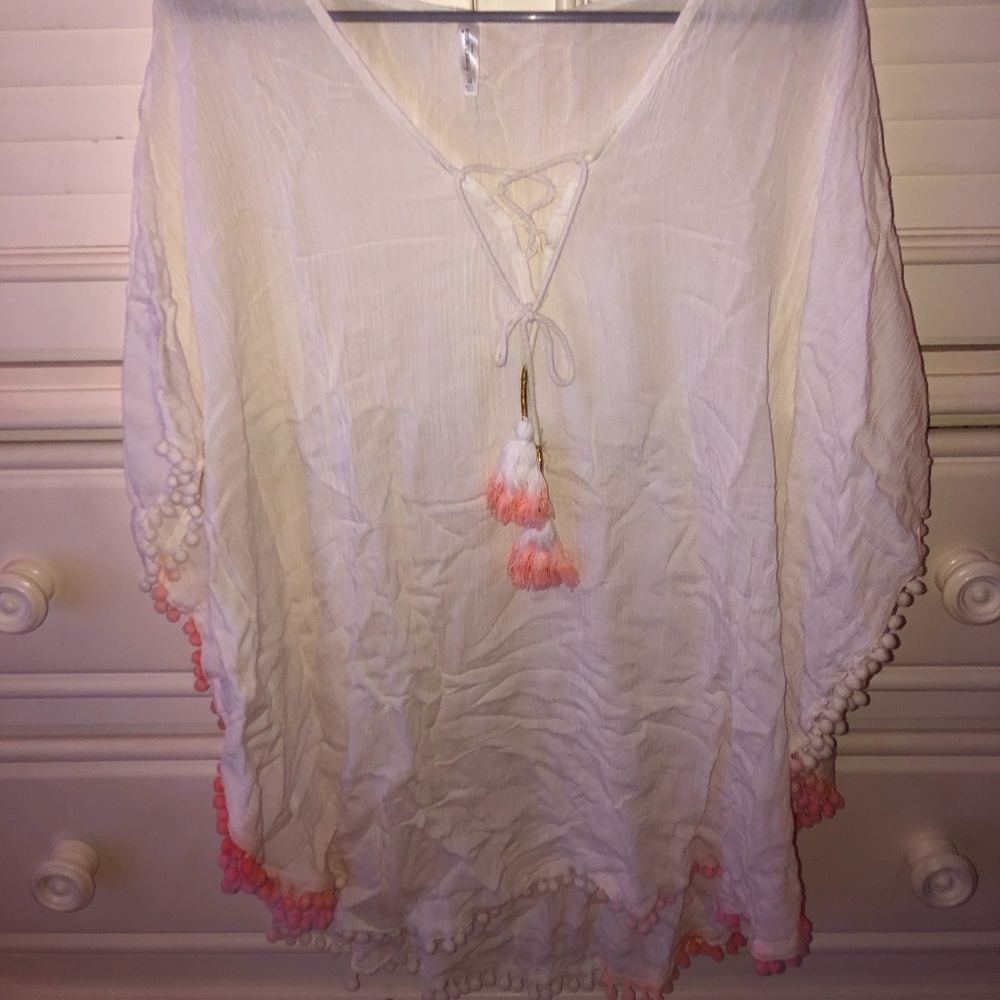 White with pink beach cover up